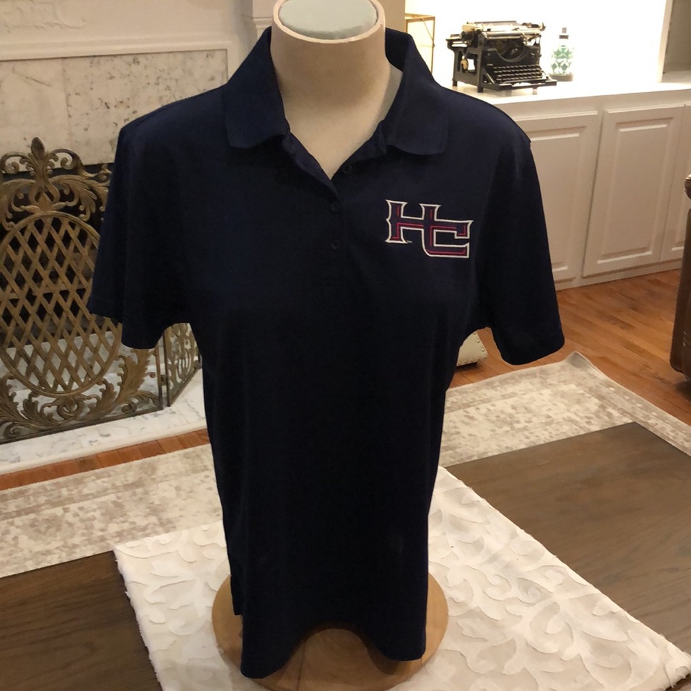 Short sleeve collared shirt; Navy with navy and red lettering